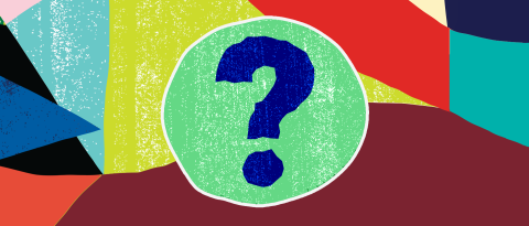 Question mark on a colorful background of blocks and textures.