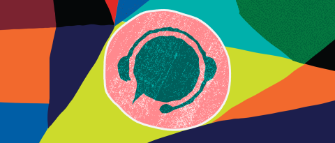 An icon of a call center representative over a colorful background of shapes and textures.