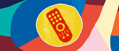 An icon of a remote control over a colorful background of blocks and textures.